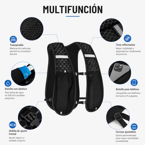 Men's Women's Running Vest with Bottle 250 ml, Ultralight Trail Running Vest, Breathable Running Backpack with Mobile Pocket and Reflective Fit for Running