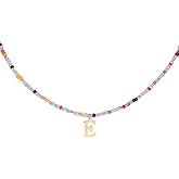 Mikovivi Colorful Beaded Initial Necklace, Summer Necklaces for Women Letter Pendant Necklace Bohemian Beaded Necklace Handmade Jewelry Gifts (E)