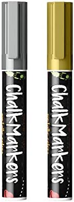 Metallic Silver & Gold Chalk Markers - Pack of 2 Chalk Pens - for Chalkboard, Bistro, Window | Non-Toxic Wet Wipe Erasable - 6mm Reversible Bullet & Chisel Tip