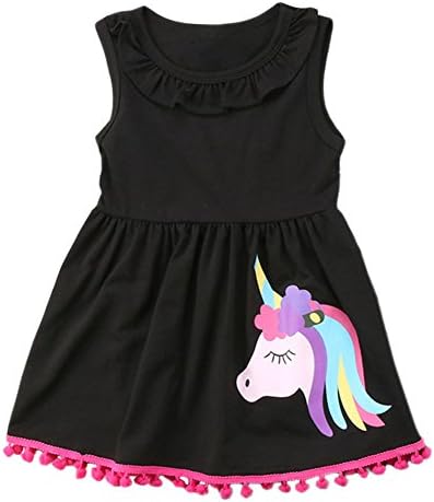 Girl Sleeveless Ruffle Neck Unicorn Print Dress Knee High Tassel Pleated Party Dress