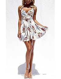 ECOWISH - Vestido de verano para mujer con estampado floral y cuello en V y correa de espaguetis con cinturón