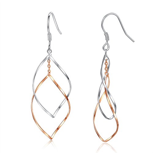 Gold Plated Sterling Silver Double Linear Loops Design Twist Wave Dangle Drop Earrings for Women Girls