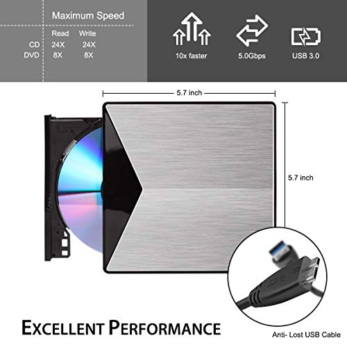 Snorain External CD/DVD Drive,USB 3.0 DVD +/-RW Superdrive CD Burner with High Speed Data Transfer Compatible for MacBook Laptop Desktop PC Windows10 /8/7 /XP Linux Mac OS (Silver) - Thumbnail 3