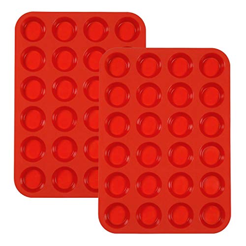 Docik 2 Pack Premium Silicone Muffin Pan, 24 Cup Non Stick Mini Cupcake Cake Baking Tin Mold Trays, Red