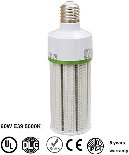 60 Watt E39 LED Corn Light Bulb ,Daylight ,8000LM ,360 Degree for Metal Halide HID HPS Replacement Garage Parking Lot High Bay Warehouse Street Lamp Lighting, UL&amp;DLC