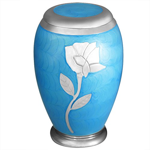 MEILINXU - Funeral Urns for Adults Ashes, Cremation Urn for Human Ashes - Memorials Urns for Ashes - Display Burial Urn at Home or in Niche at Columbarium (Ascot Blue with Silvery Rose, Large Urn