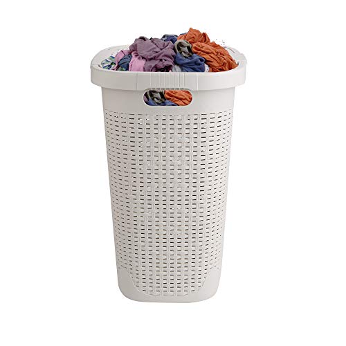 Mind Reader Slim Laundry Hamper with Lid, 50L Clothes Basket, Premium Wicker Design, Plastic, Ivory - Thumbnail 7