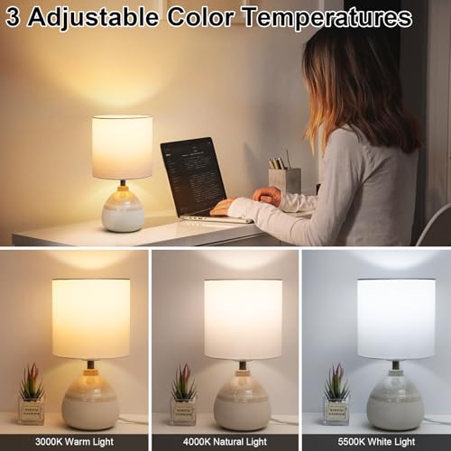 Modern Ceramic Table Lamps Set of 2, Bedside Nightstand Lamps with White Shade, 3 Color Temperatures, LED Bulbs Included, Elegant Lighting for Bedroom Living Room Office