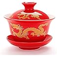 YBK Tech Porcelain Kung Fu Tea Cup and Saucer with Lid, Chinese Traditional Gaiwan Sancai Tea Bowl Tea Set Dragon Pattern (Red (Slightly Bigger))