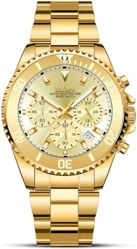 Biden Mens Watches Chronograph Gold Stainless Steel Waterproof