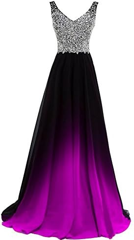 Lemai Women Formal Beaded Gradient Black Ombre Chiffon Long Prom Evening Dresses