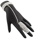 Silvertone Fully Iced Out Oval Style Adjustable Finger Ring and Slave Hand Chain Bracelet