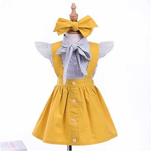 3Pcs Toddler Infant Baby Girls Cute Dot Print Tops T Shirt Strap Skirt Headbands Outfits Set (Yellow, 18-24 Months)