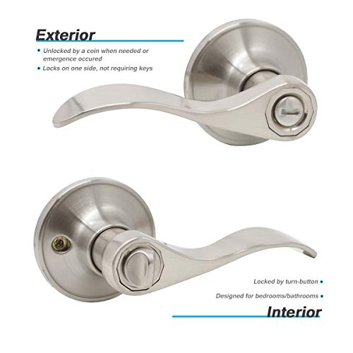 Interior Doors Wave Style Privacy Door Levers with Conteporary Satin Nickel Finish, Reversible for Right or Left Handed Doors, Keyless Drop Door Lockset for Bedroom Bathroom-3Pack