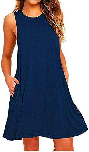 Lanlun 2017 Summer Women's Sleeveless Pockets Casual T-shirt Dresses (L, Navy blue)