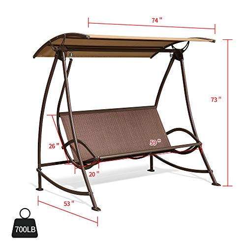 PURPLE LEAF Porch Patio Swing with Canopy, 3 Person Swing with Stand