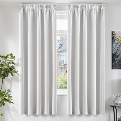 TOPICK Gardinen Vorhänge Verdunklungsvorhänge H200xB140 2er Set Grau-weiß