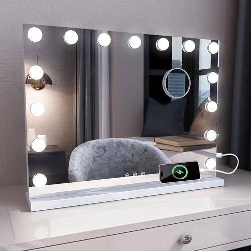 MIQU Espejo Maquillaje con Luz 58x45cm,Espejo Tocador Hollywood con 15 Bombillas LED,3 Modos de Luz,Intensidad Ajustable,con Puerto USB/Type-C,Aumento 10X,Control Táctil,para Mesa o Pared