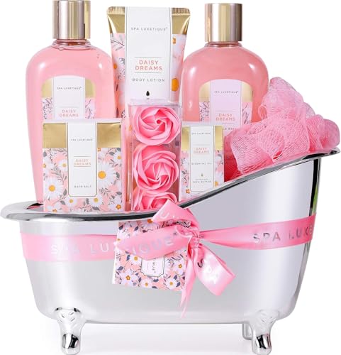 Spa Gifts for Women, Spa Luxetique Spa Gift Baskets with Daisy Scented, 8pc Home Bath and Body Gifts Set, Spa Bath Set Includes Body Lotion, Bubble Bath, Bath Salt, Essential Oil (Daisy)