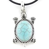 Vintage Feel Silver Tone Turquoise Stone Turtle Pendant Necklace