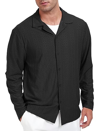 ZAFUL MENS EYELET CUBAN LONG SLEEVE SHIRTS CASUAL BUTTON DOWN REGULAR FIT SHIRT (BLACK M)