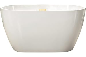 WOODBRIDGE 48" Acrylic Freestanding Bathtub Contemporary Soaking Tub, White Acrylic(Brushed Golden Drain/Overflow),BTA1703-BG-Drain&O