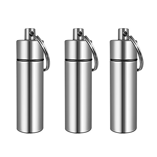 3 Packs Aluminum Waterproof Pill Holder, Effiet Pillbox Case Fob Medicine Bottle Drug Holder Compact Container Keychain Pill Box Case with Bonus Earplug Ear Plugs (Silver)