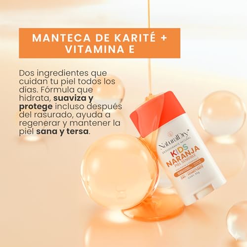 Naturaldry - 2 desodorantes infantiles Kids SIN BICARBONATO DE SODIO unisex Natural ideales para pieles sensibles - No obstruye los poros - SIN ALUMINIO - Sin parabenos - Aroma Naranja para niños y niñas - En Barra