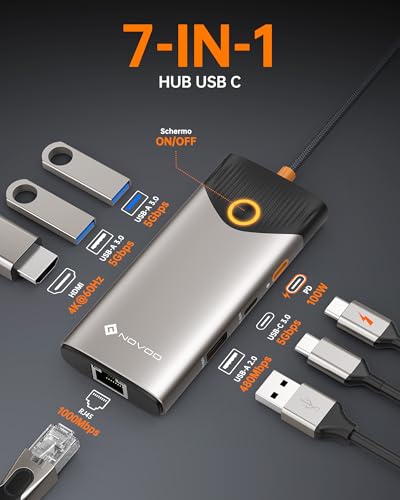 NOVOO USB C Hub, 7-in-1 Dock with HDMI 4K@60Hz, 1Gbps Ethernet, 100W PD Charging, USB-A/C Ports 5Gbps Docking Station Compatible for MacBook, iPad, iPhone, Dell, HP, Surface