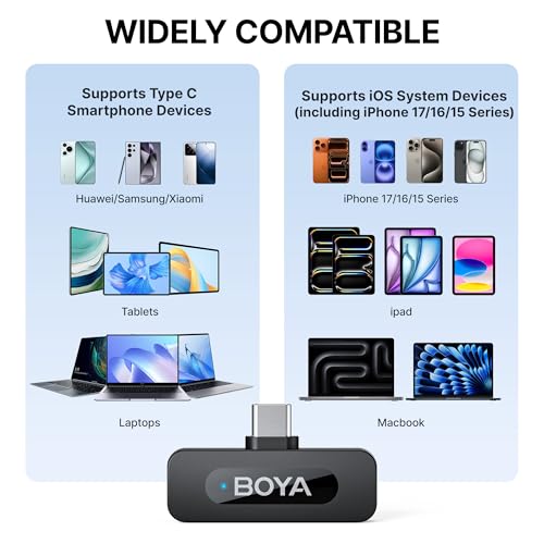 BOYA BY-V20 Wireless Microphones for iPhone 15/16 Series, Android/Laptop with USB-C Port, 100m Range, 9H Battery Life, Noise Reduce Mini Mic Clip on Lapel Microphone for Video Recroding/Youtube/TikTok