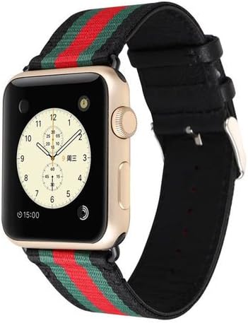 Nylon And Leather Band For Iwatch, MORTREE Replacement Sport Strap Woven Nylon with Top layer Genuine Leather Wrist Band For Apple Watch Series2 Series1 Men Women (Green and Red In Black 38mm)