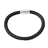 HS 1PC Braid Leather Bracelet Wristband With Stainless Steel Magnetic Lock Clasps Mens Womens Braided Bangle (Black)