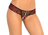 Rene Rofe Women's Crotchless Lace Thong with Bows, Red, Small/Medium