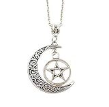 Hithop Silver Pentagram and Crescent Moon Pendant - Wiccan Jewelry, Pentacle Necklace, Pentagram Necklace