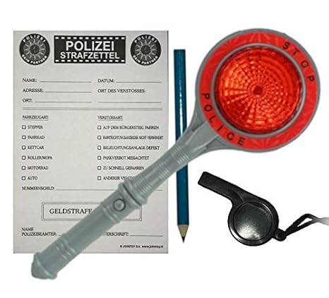 KSS Polizei Set Karneval Polizeikelle mit Funktion + Strafzettel + Trillerpfeife für Kinder , Fasching , Verkleiden
