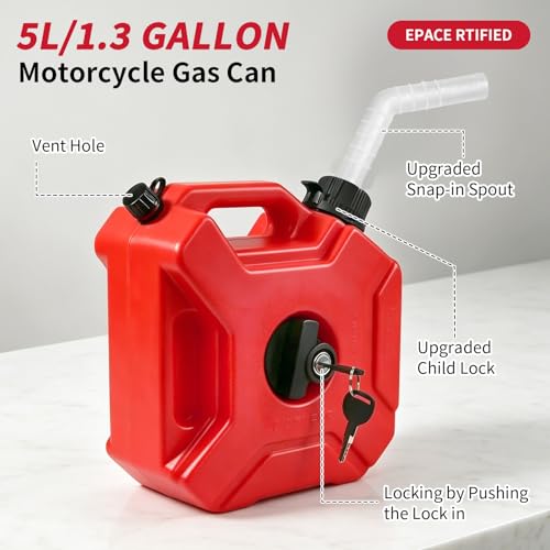 Bidón de Gasolina 5 Litros, Bidón de Gasolina para Moto, 5L Tanque de 1.3 Galones Contenedor de Gas Portátil, Con Cerradura y Llave