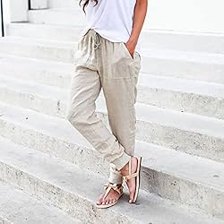 White Pants Women Drawstring Back Elastic Waist