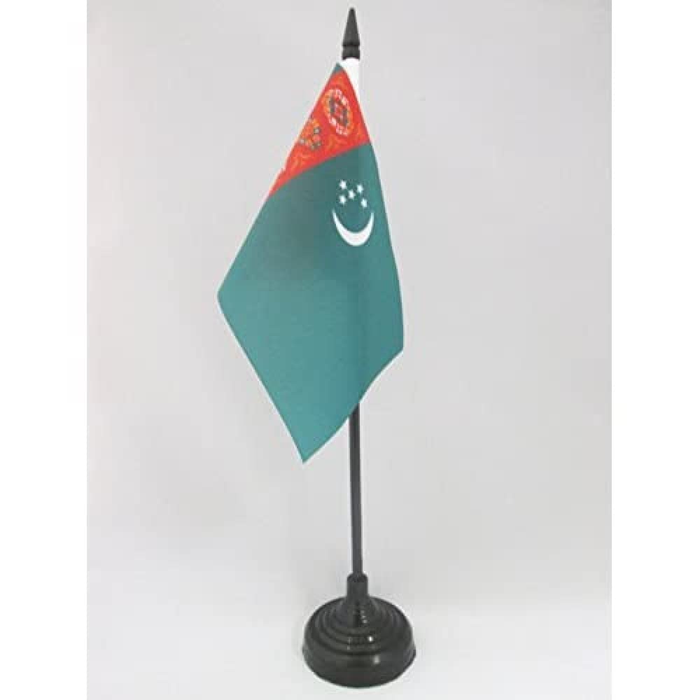 AZ FLAG - Turkmenistan Old Table Flag 4'' x 6'' - Turkmen Office Mini Banner 100% Polyester 15 x 10 cm - Mini Desk Flag with 10'' Pole and Black Plastic Base