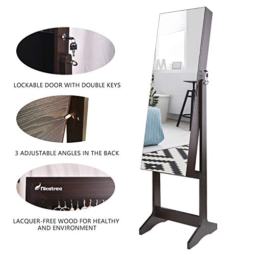 Nicetree Jewelry Cabinet with Full-Length Mirror, Standing Lockable Jewelry Armoire Organizer, 3 Angel Adjustable, Brown - Thumbnail 3