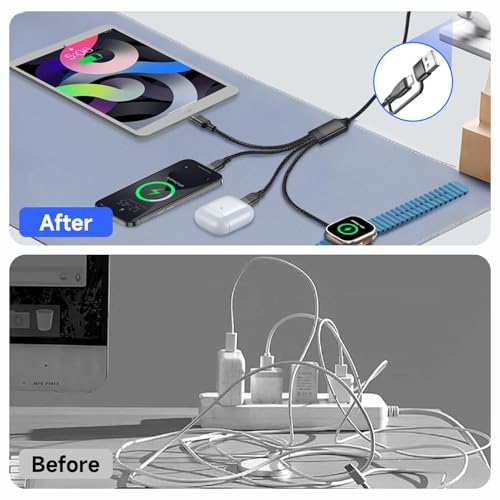 4 in 2 Multiple Charging Cable with Apple Watch Charger, 60W Fast Charging 1.2M Nylon Braided Compatible with iWatch Ultra/SE/11/10/9/8/7/6, for iPhone 17 16 15 14 Pro MAX/Pro/Air and Samsung Series
