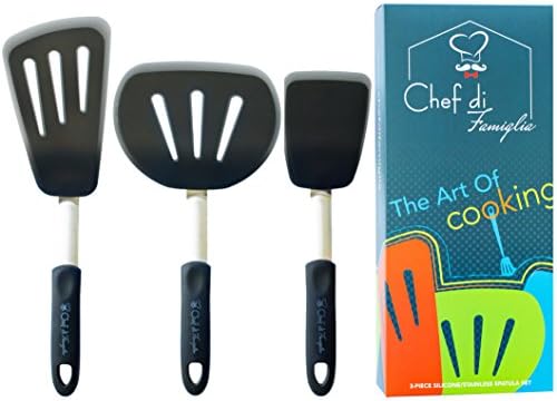 Chef di Famiglia 3-Piece Silicone Flexible Turner Spatulas Set | Stainless Steel Metal Core | Heat-Resistant Tools | Non-Stick Cooking Utensils | Round (Large and Wide), Standard and Long Spatula
