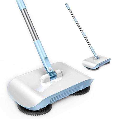 Rayzi Household Cleaning 360 Hand Push Automatic Sweeper Broom - Including Broom & Dustpan & Trash Bin - Non Electric for Tile,Marble, and Hardwood, 2 x Cloth (Blue)