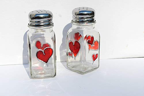 Red Hearts Hand Painted Glass Salt and Pepper Shakers Set