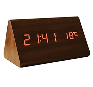 MK Digital Calendar Desktop Alarm Clock Space Saver Triangle LED Wooden Clock for Home Living Room Bedroom Decor-Assorted Color