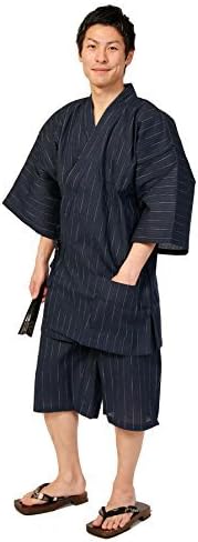 Men's Japanese Kimono Jinbei Cotton Hemp, Shirt and Elastic Waist Pants (Navy)