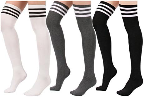 Yanglovele Women Stripe Tube Dresses Over the Knee Thigh High Stockings Cosplay Socks (Black/White/Grey)