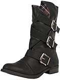 Soda Women's Norris Faux Nubuck Leather Triple Buckle Mid Calf Lined Boots