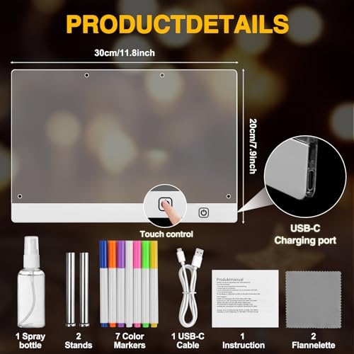 Tablero Acrílico Luminoso con Mensaje LED 30x20cm, Tablero de Notas Acrílico con 7 colores Bolígrafo,Soporte Ajustable,Tablero de Mensajes LED, Tablero de Notas LED Limpiable,para Niños, Adultos