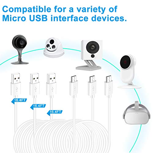 3 Pack 16.4FT USB Power Extension Cable for Yi Camera,WyzeCam,Oculus Go,Echo Dot Kid Edition,Wyze Cam,Nest Cam,Netvue,Arlo Pro Q,Blink, Furbo Dog,Kasa Cam,YI Dome Home Security Camera Charging Cord