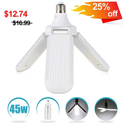 Deformable Garage Light 4500LM Tribright Garage Lighting LED 6500K Garage Light Bulb 45W Trilight Garage Light E26 Screw in LED Garage Lights led ceiling fan light bulbs For Garage Basement,Workshop